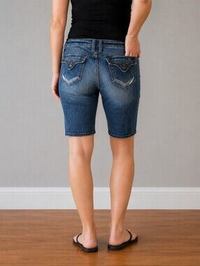 BISOU DEVE Flap Pocket Distressed Bermuda Blue Denim Jeans Shorts 27